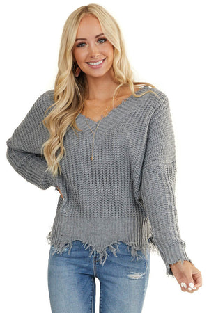 Stone Grey V Neck Sweater with Distressed Detail 