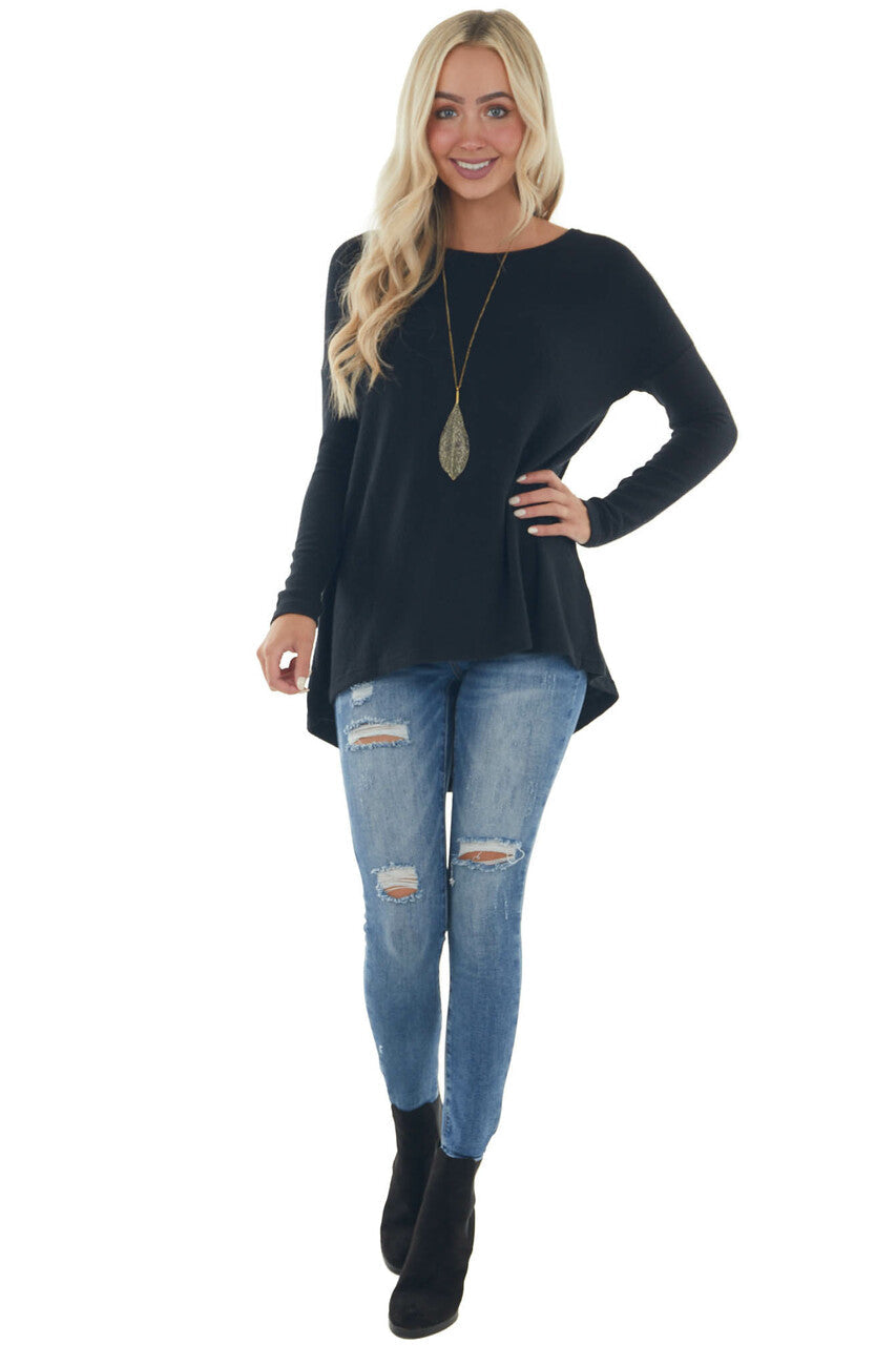 Black Brushed Knit Top with High Low Hemline 