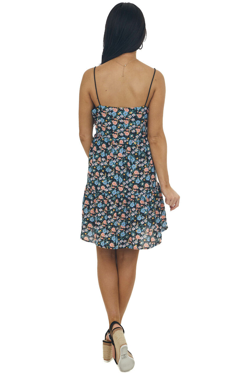 Black Floral Print Sleeveless Short Dress