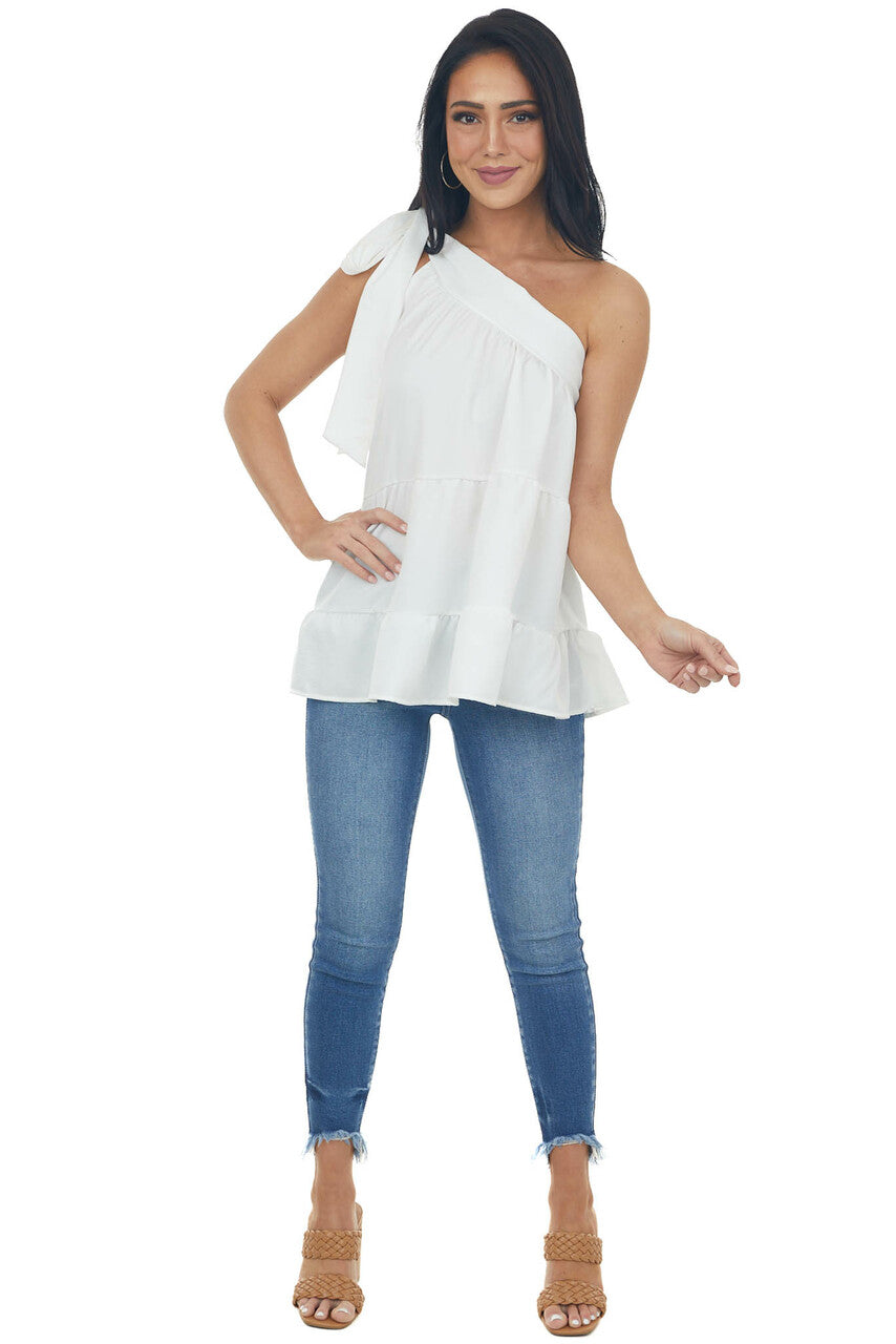 White Silky One Shoulder Tied Strap Tiered Top