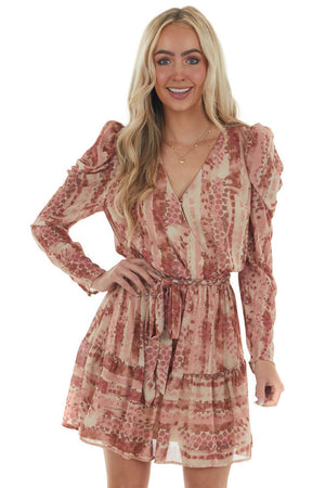 Salmon Printed Surplice Long Sleeve Mini Dress
