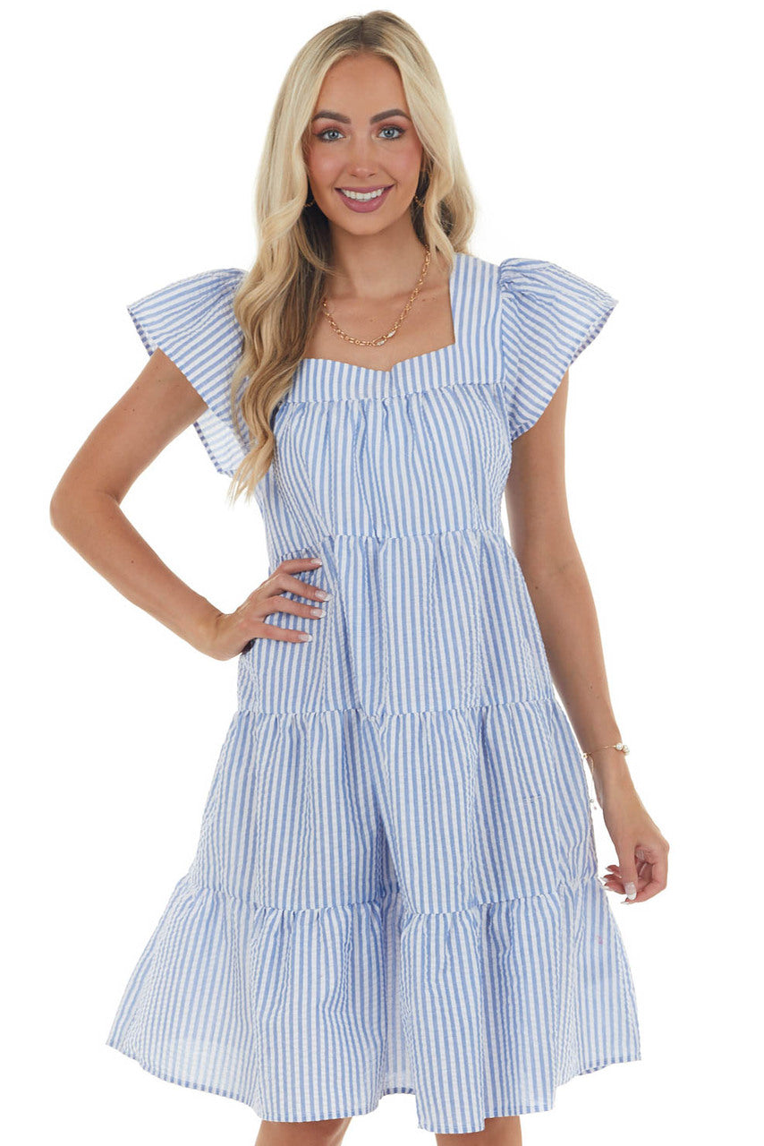 Dusty Blue Striped Babydoll Tiered Short Dress