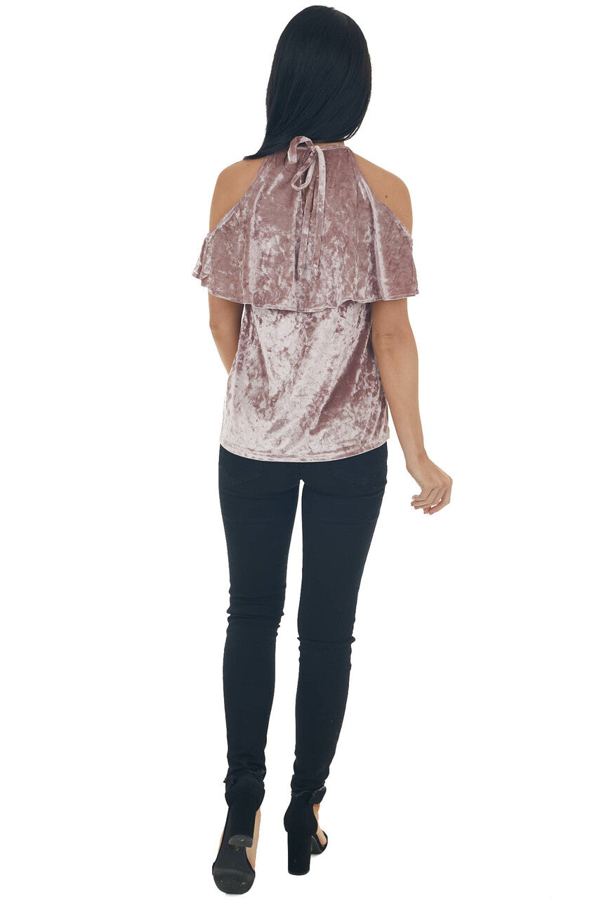 Dusty Rose Velvet Ruffle Cold Shoulder Top