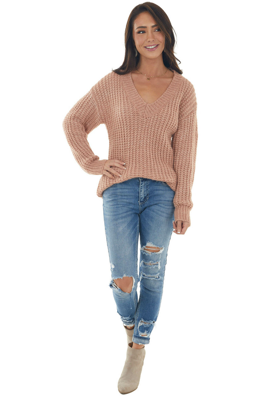 Faded Rose Stretchy Knit V Neck Sweater