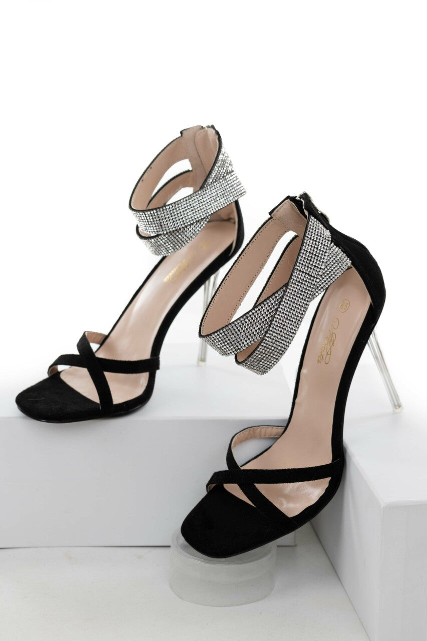 Black Suede and Rhinestone Strappy High Heels