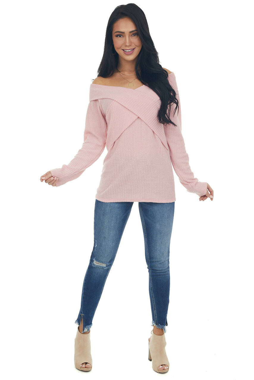 Bubblegum Criss Cross Brushed Waffle Knit Top