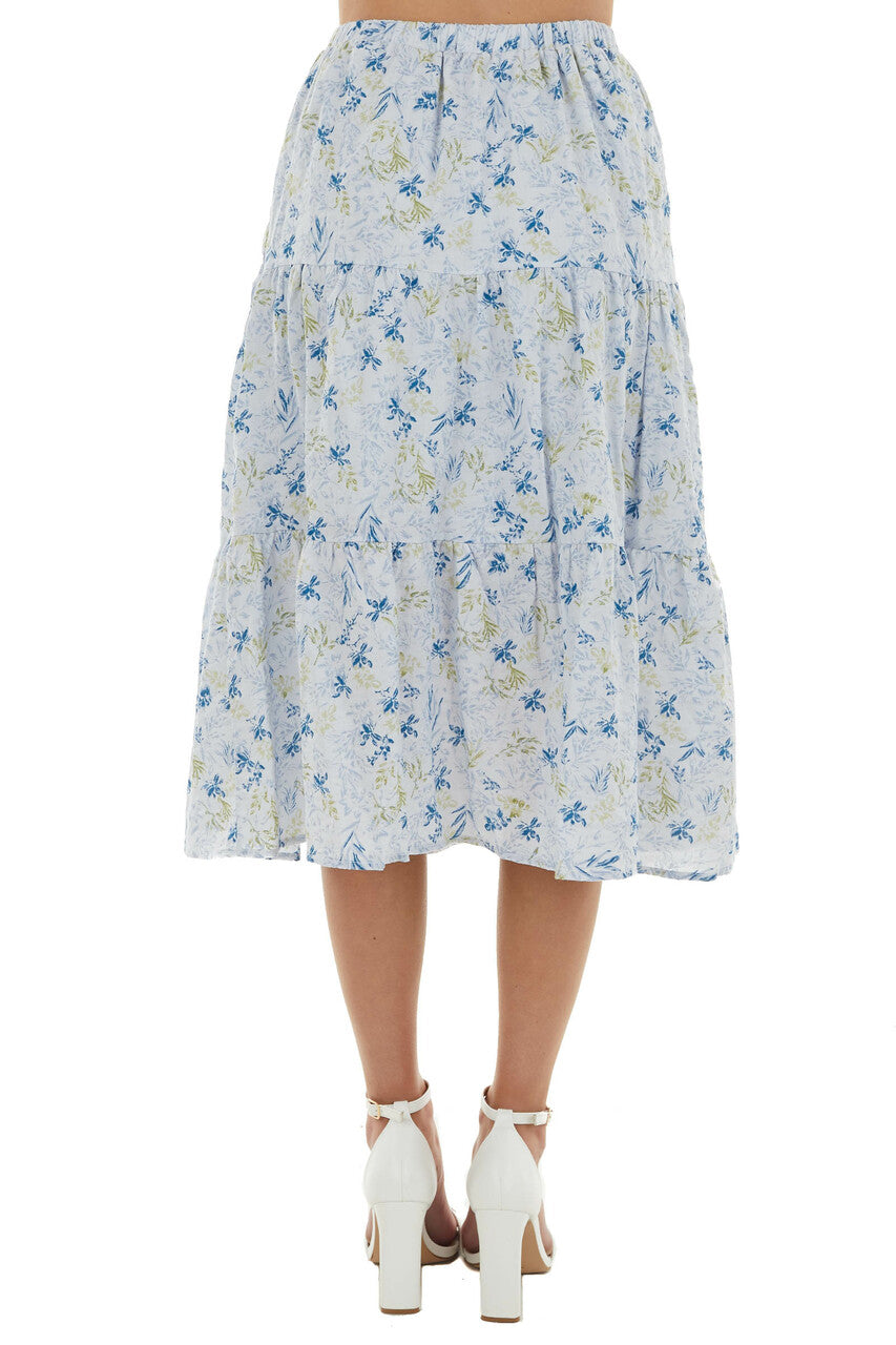 Pastel Blue Floral Tiered Midi Woven Skirt