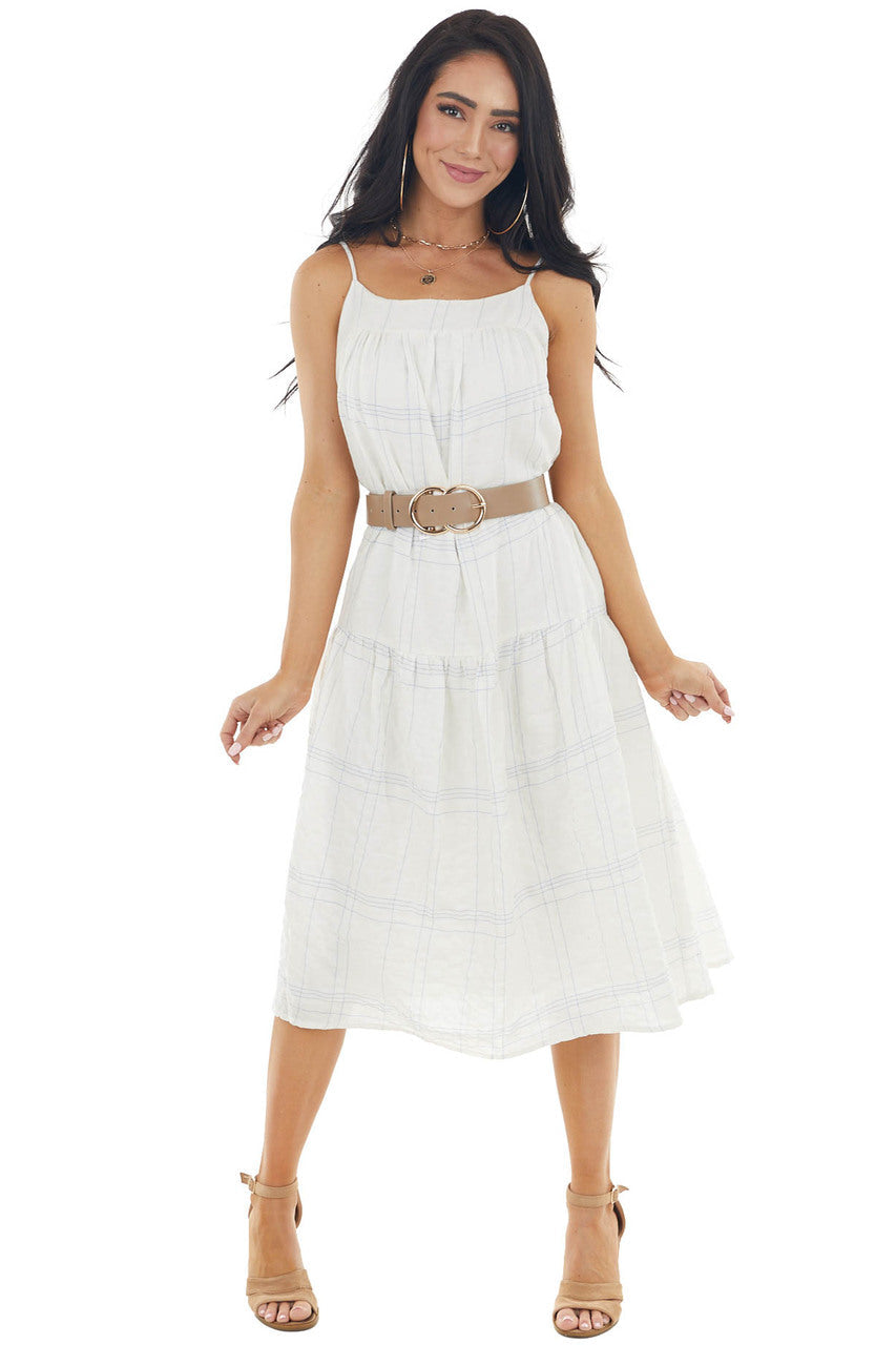 Ivory Plaid Sleeveless Midi Woven Dress with Pockets