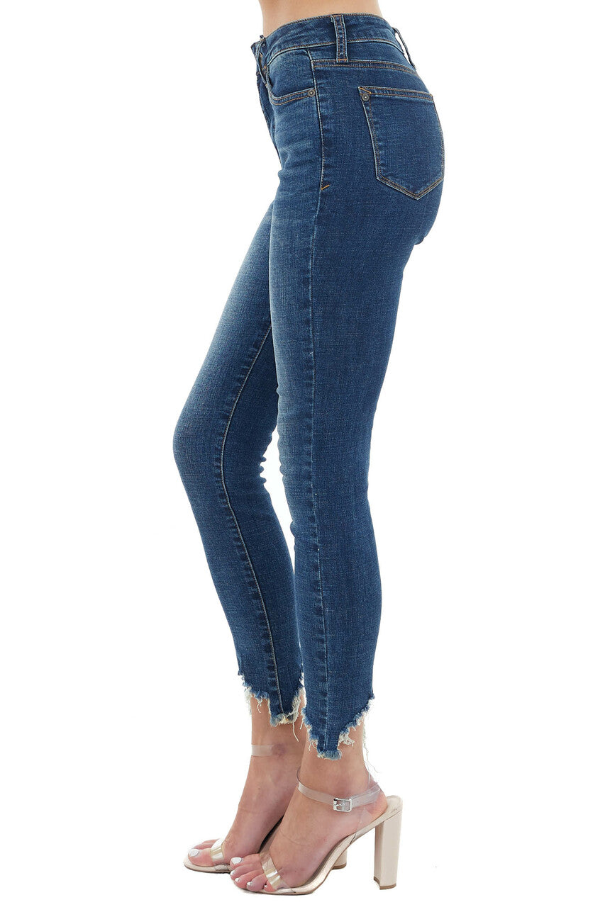 Dark Wash High Rise Skinny Jeans with Frayed Hem