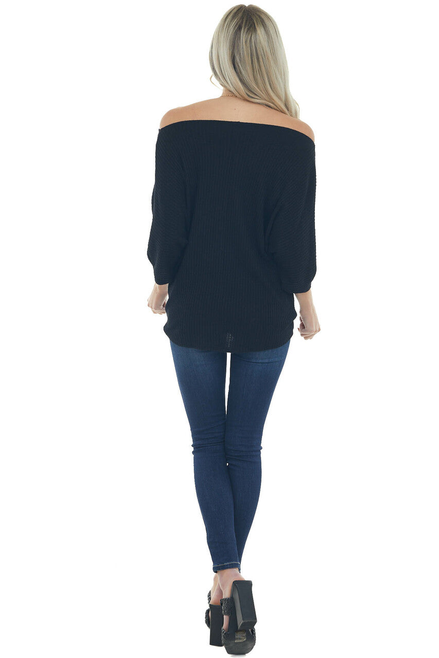 Black Waffle Knit Boat Neck Top with Tie