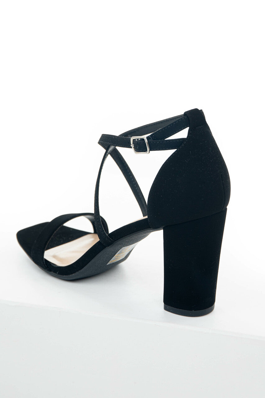 Black Square Toe High Heels with Ankle Strap 