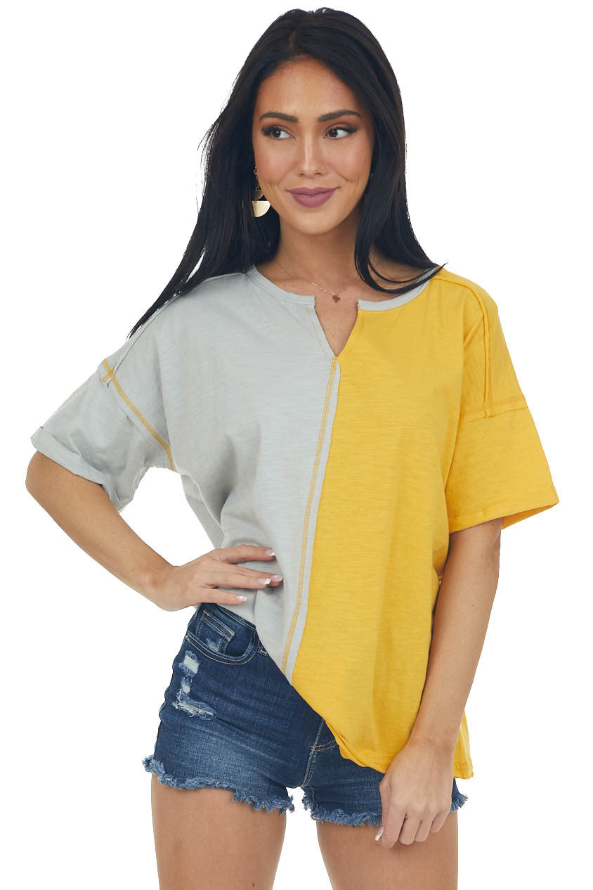 Amber and Ash Colorblock Notched Neck Knit Top 