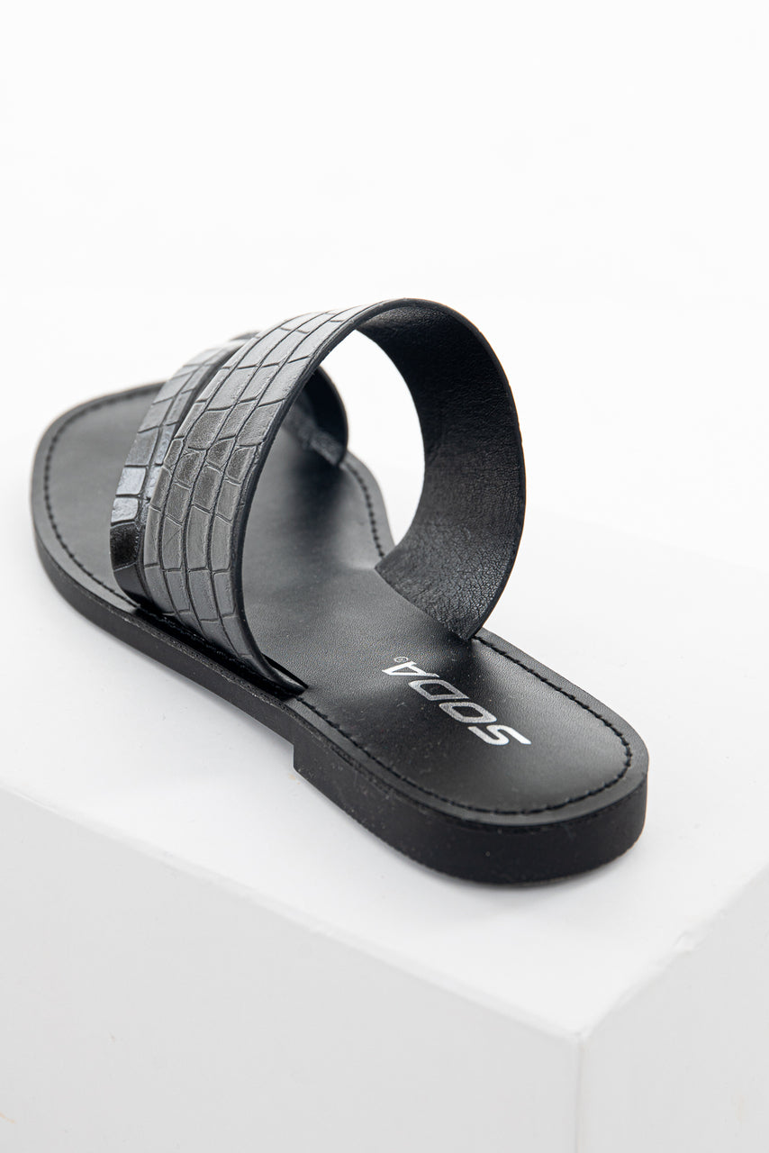 Black Crocodile Texture Strappy Flat Slip On Sandals