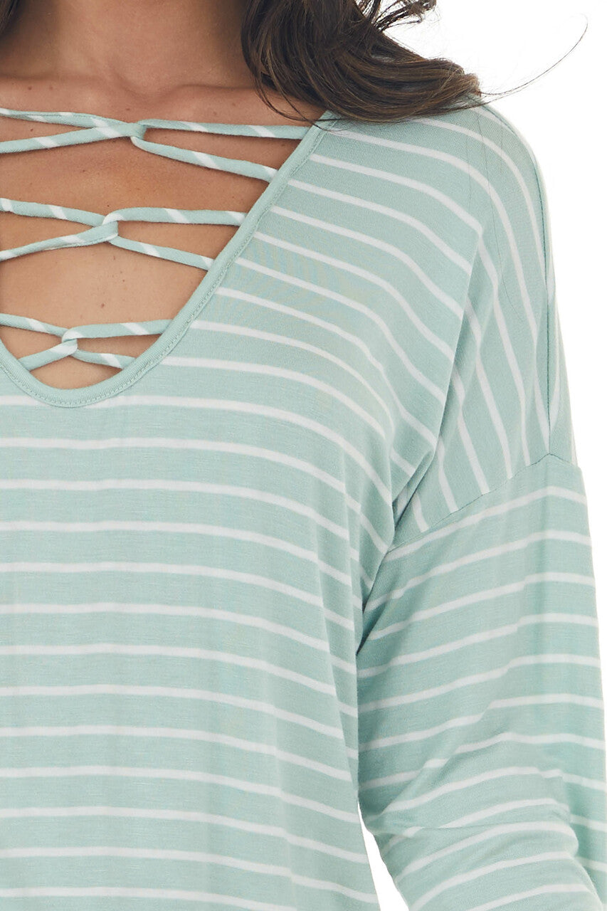 Mint Striped Criss Cross Strap Neck Knit Top 