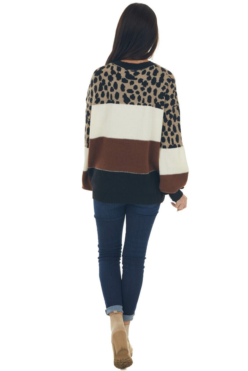 Cinnamon Cheetah Print Colorblock Knit Sweater