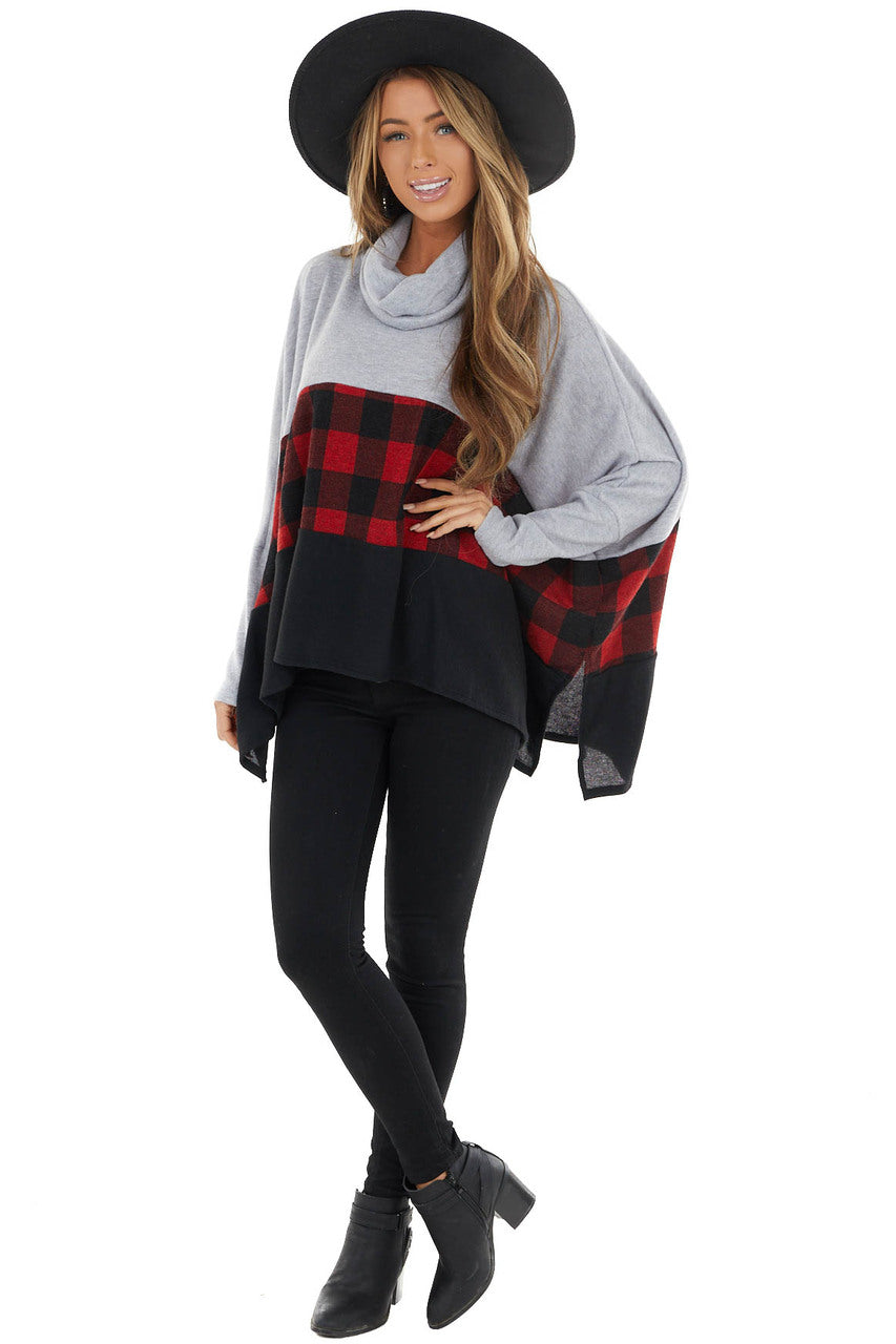 Crimson Red Buffalo Plaid Cowl Neck Long Sleeve Poncho