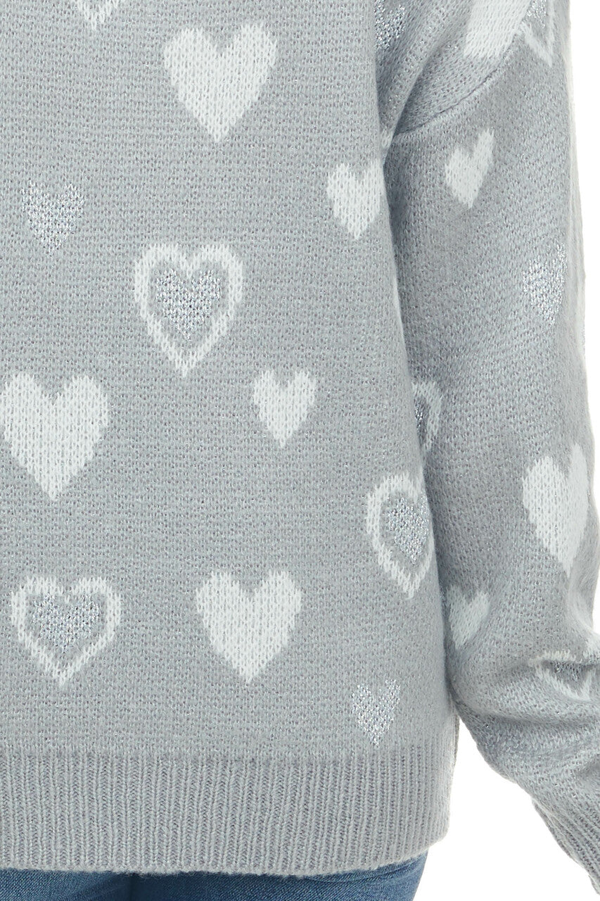 Dove Grey Heart Print Metallic Knit Sweater