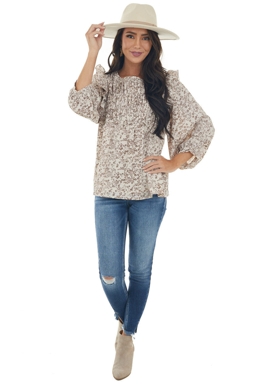 Oatmeal and Sepia Ditsy Floral Print Blouse
