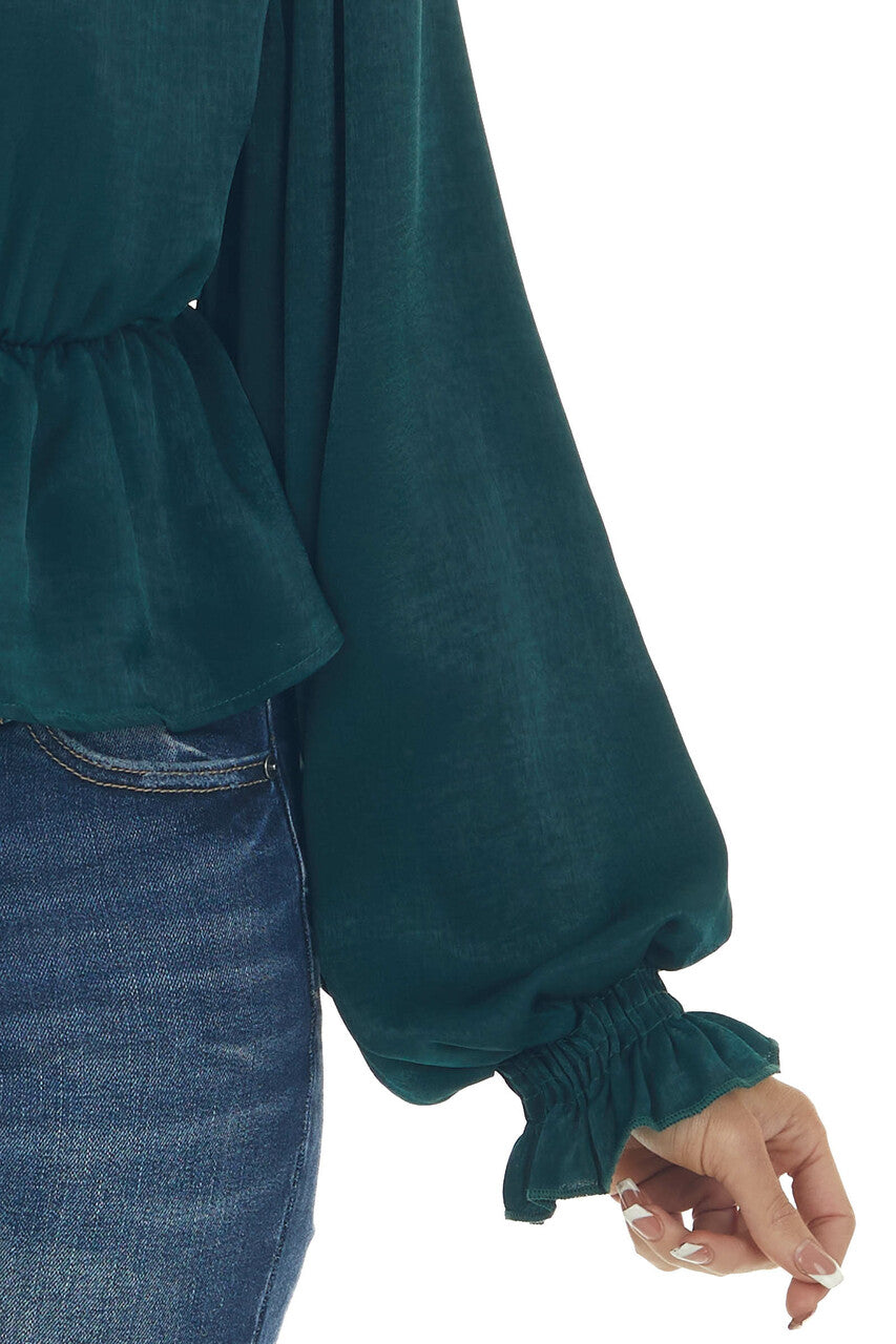 Pine Satin Mock Neck Puff Sleeve Peplum Top