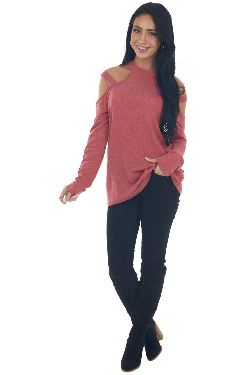 Crimson Cold Shoulder Mock Neck Knit Top