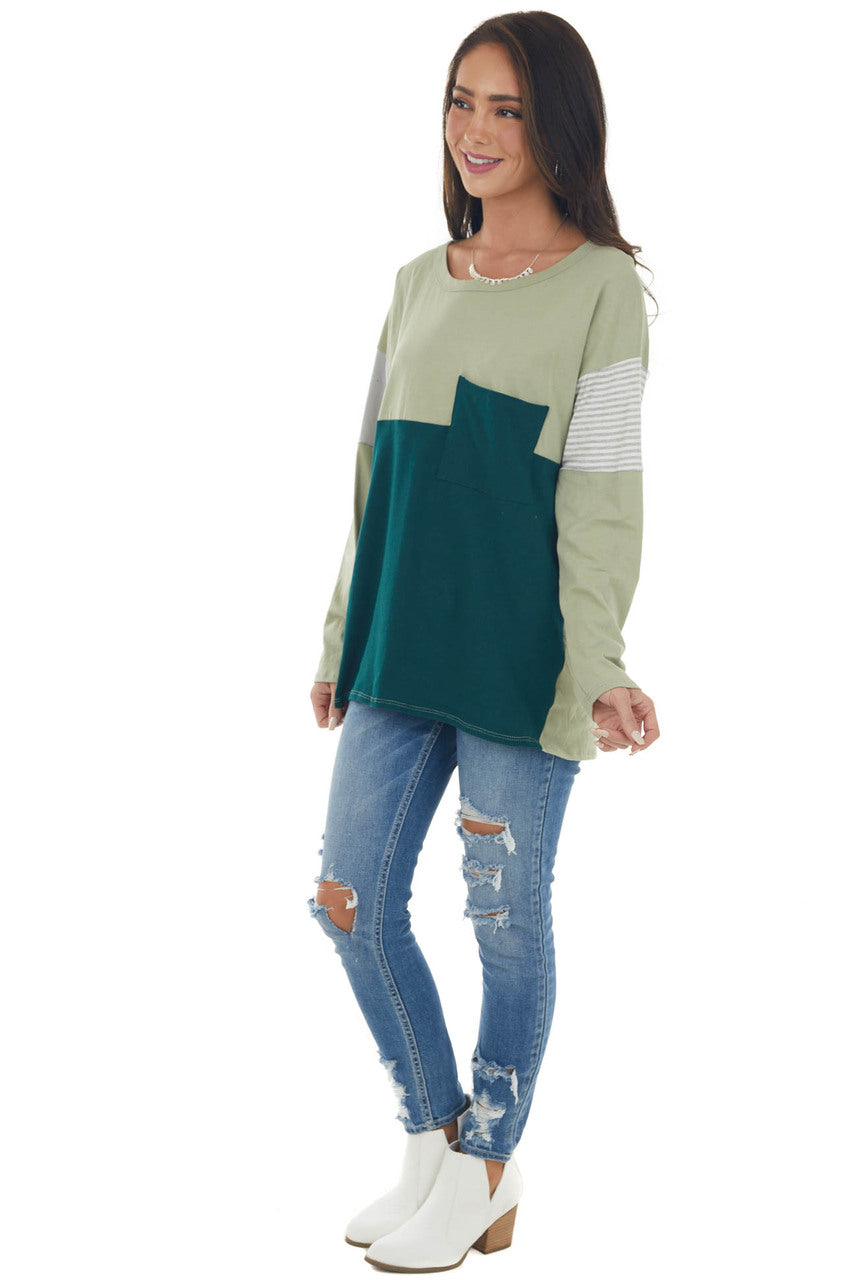 Green Colorblock Knit Top with Chest Pocket