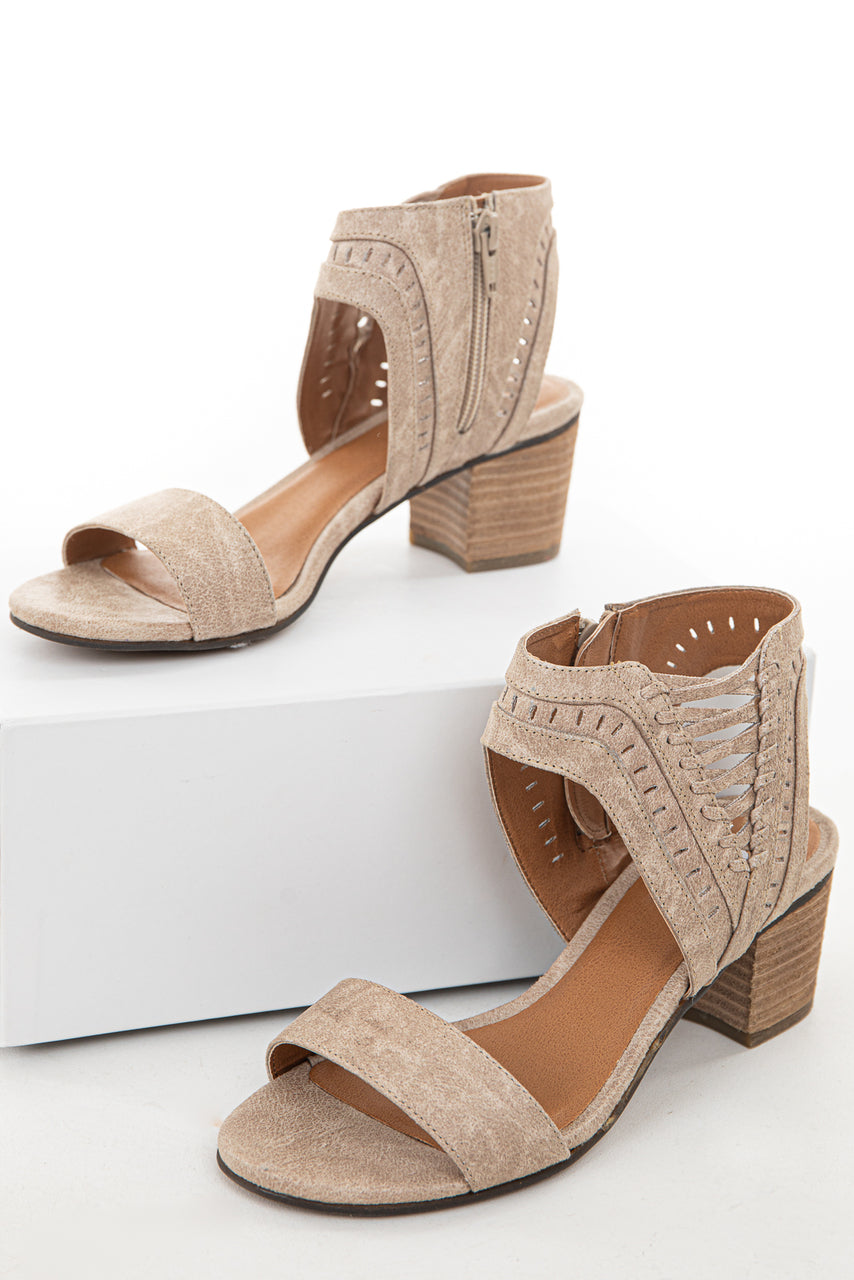 Beige Textured Block Heel Sandals with Lace Up Detail