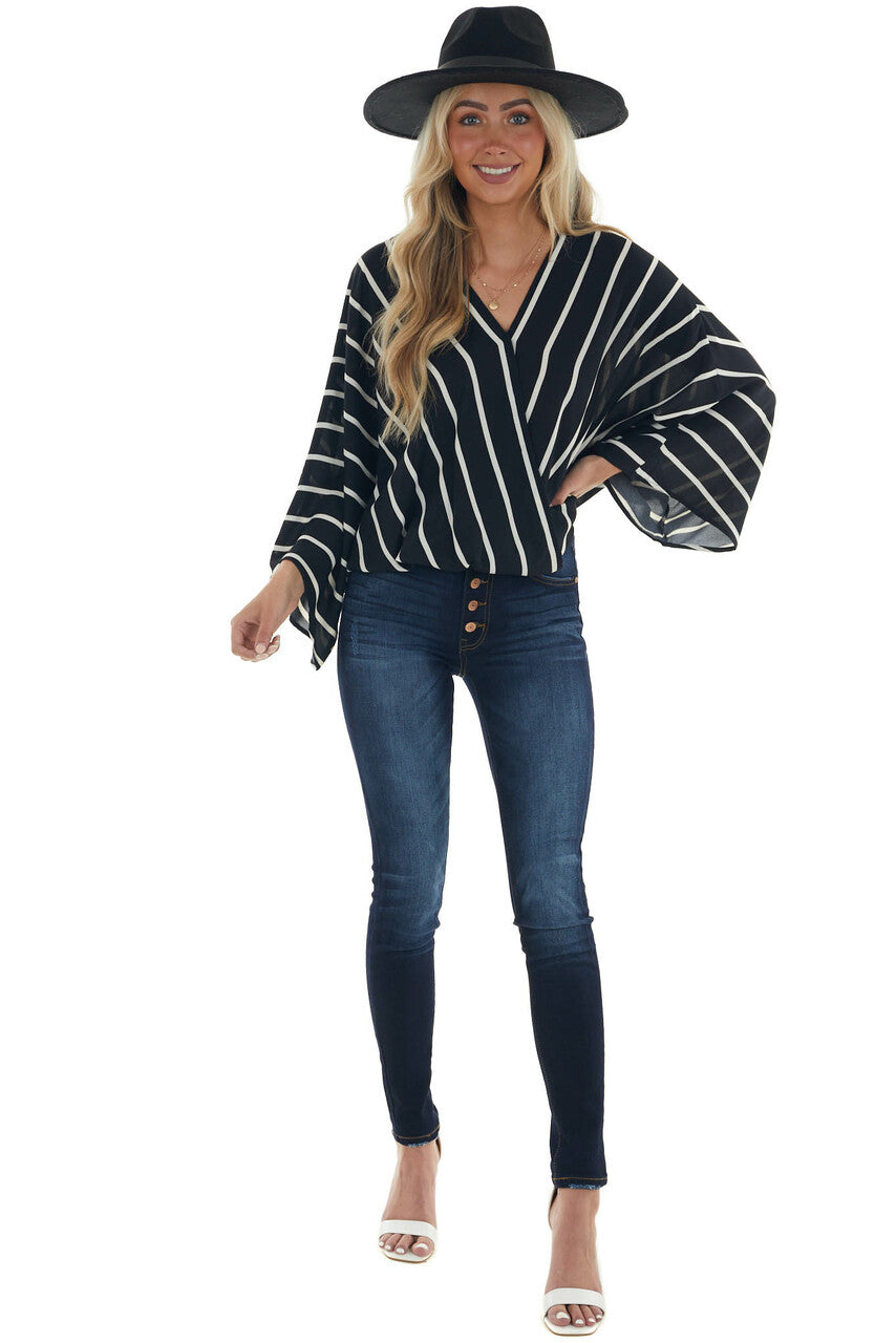 Black and Ivory Striped Surplice Neck Blouse