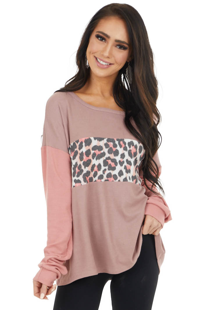 Dusty Rose Leopard Print Colorblock Long Sleeve Top