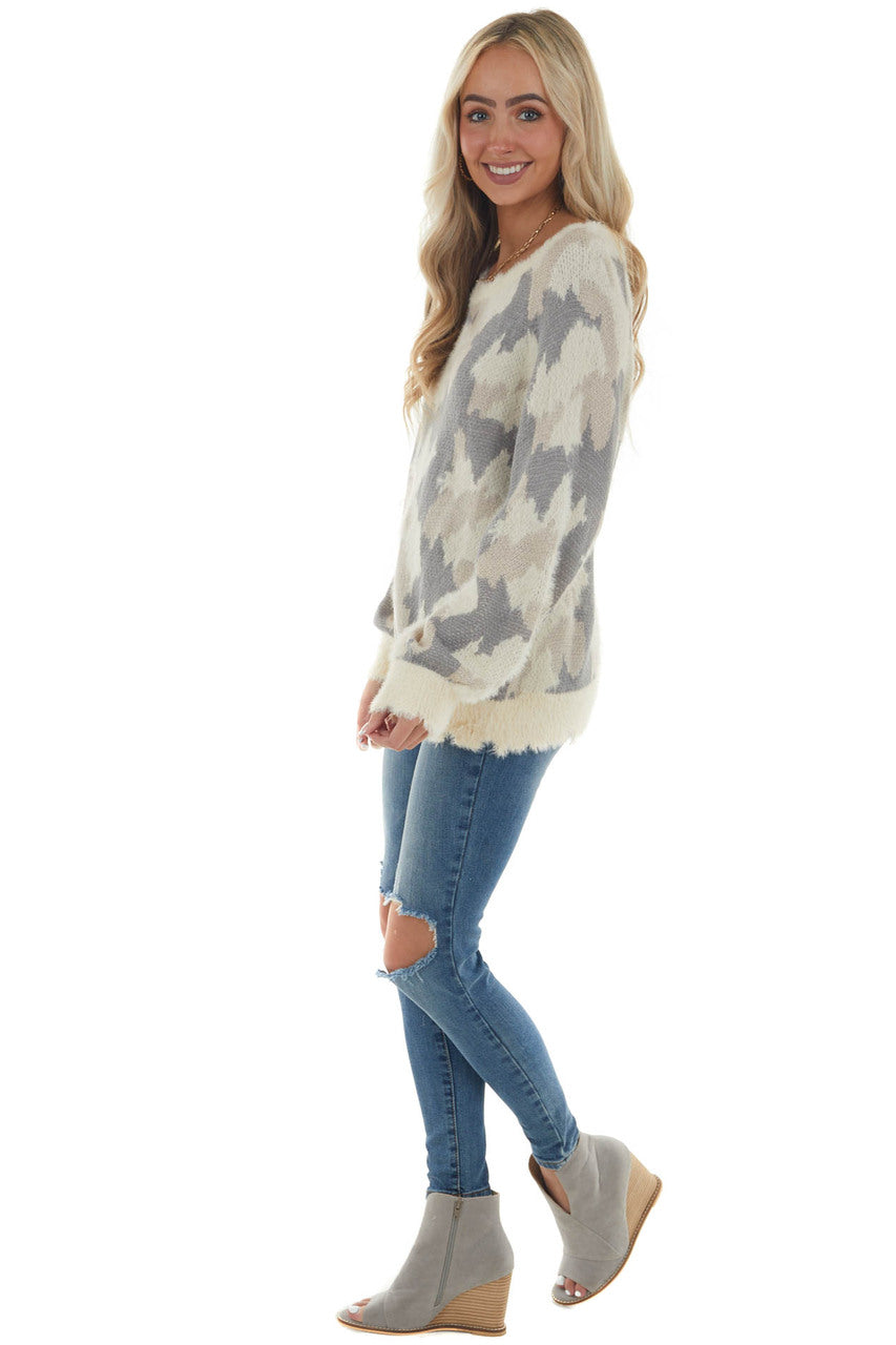 Cream and Slate Grey Abstract Print Fuzzy Sweater