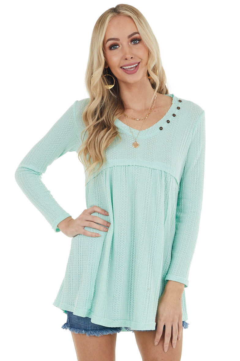 Mint Waffle Knit Babydoll Long Sleeve Tunic Top with Buttons