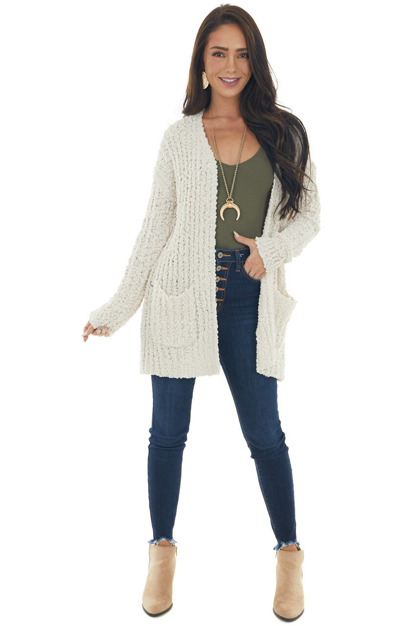 Ivory Long Sleeve Popcorn Knit Cardigan 