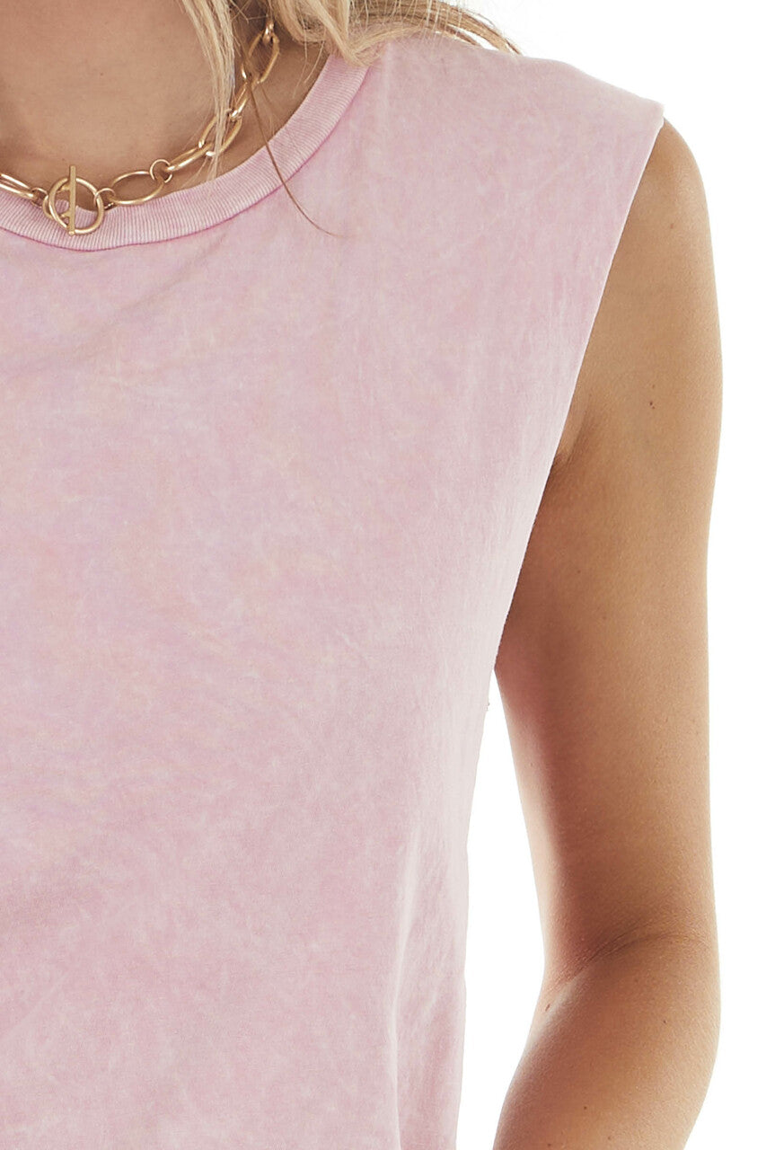 Bubblegum Mineral Wash Raw Muscle Knit Tee with Ribbed Neck