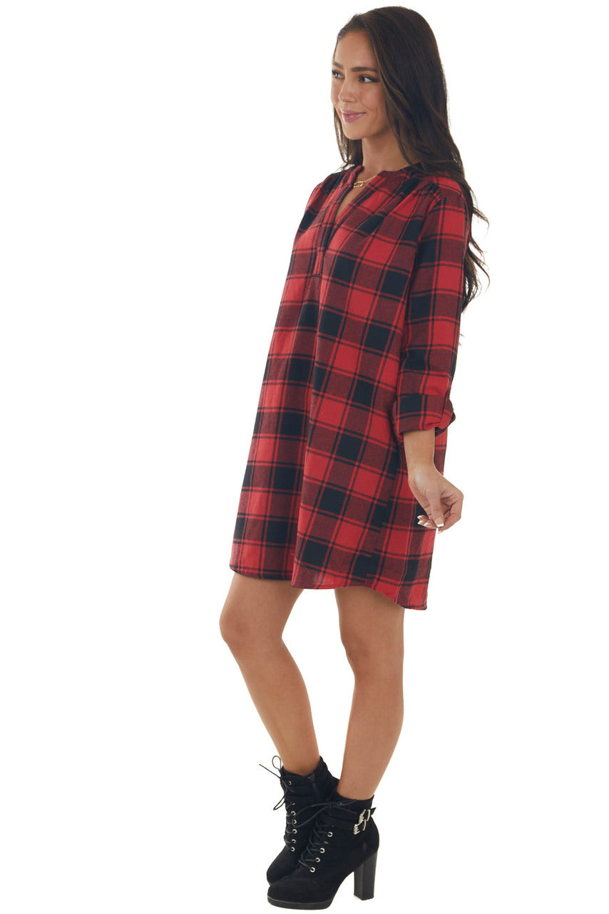 Crimson Buffalo Plaid Notch Neck Shirt Dress 