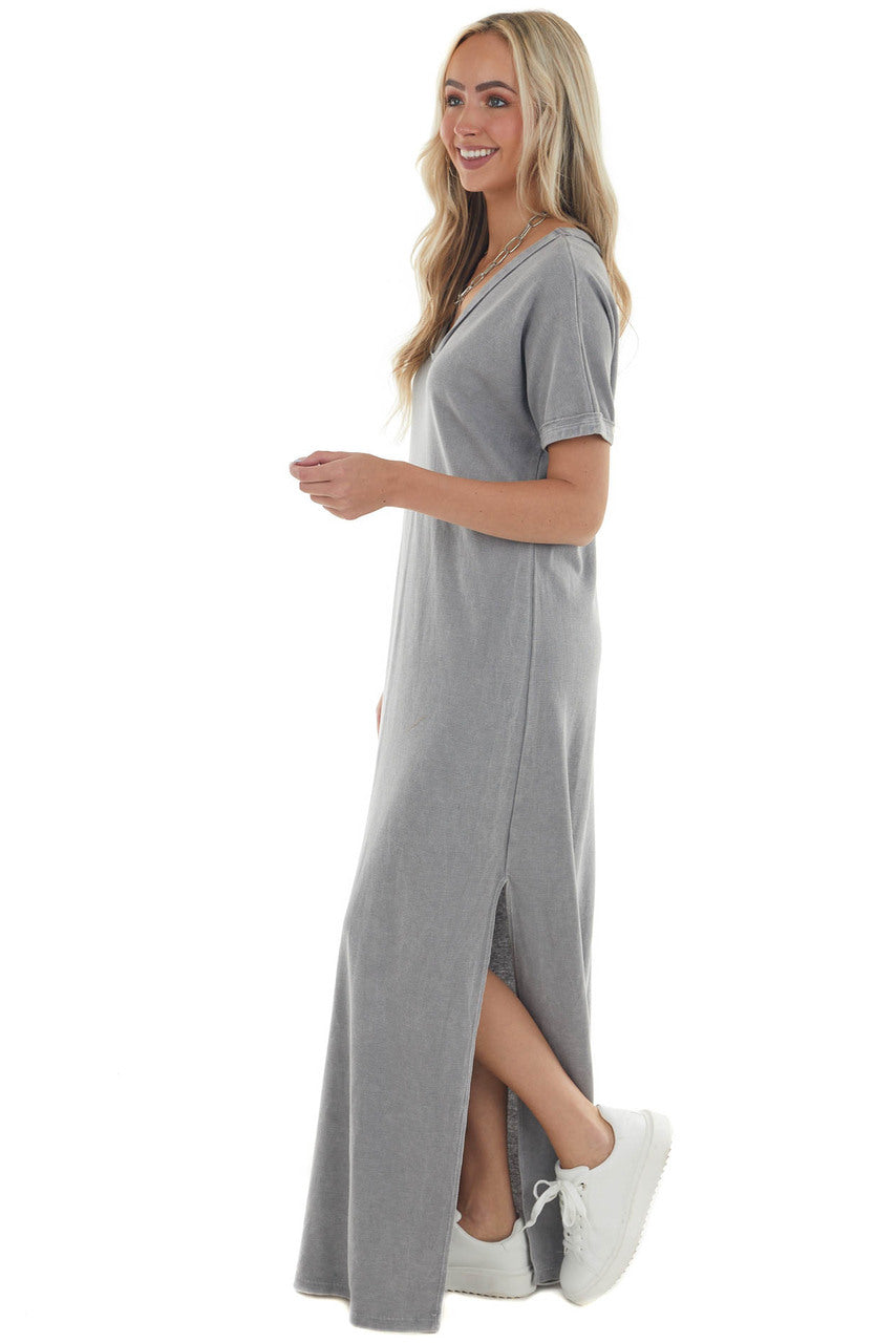 Steel Short Sleeve V Neck Maxi Tee Shirt Dress 