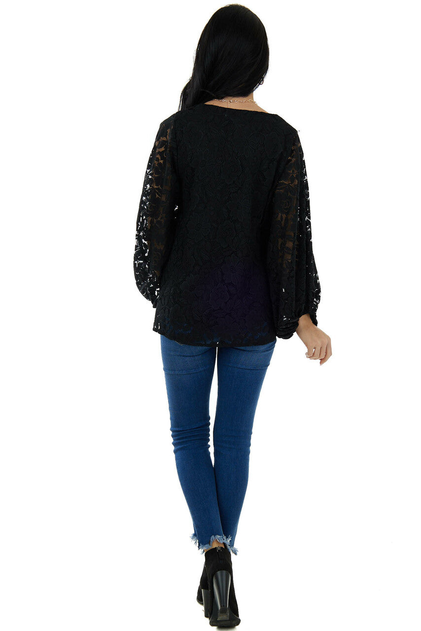 Black Floral Lace Long Bubble Sleeve Blouse