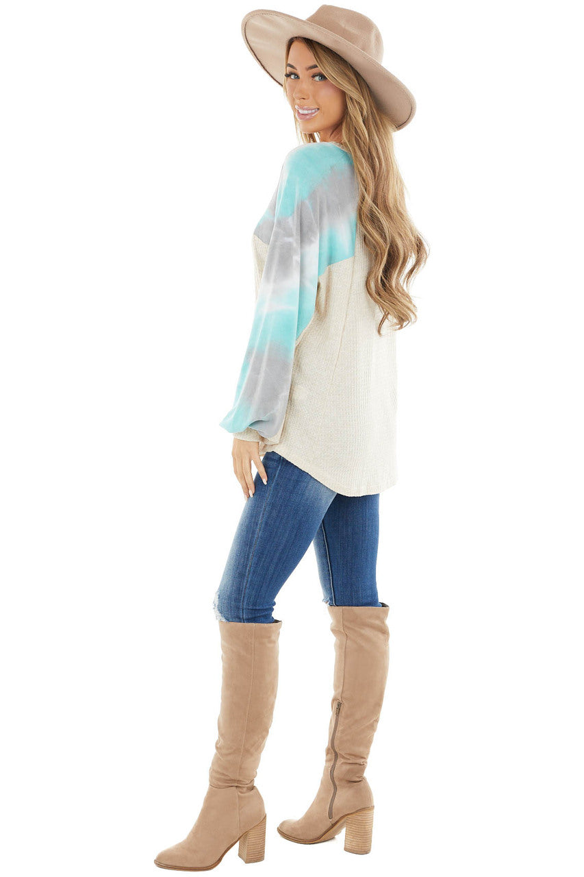 Cream Waffle Knit Long Sleeve Top with Tie Dye Detail 