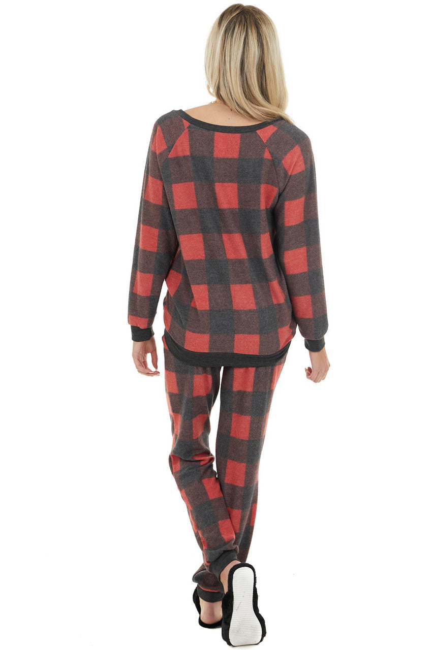 Candy Apple Red Buffalo Plaid Long Sleeve Top and Jogger Set