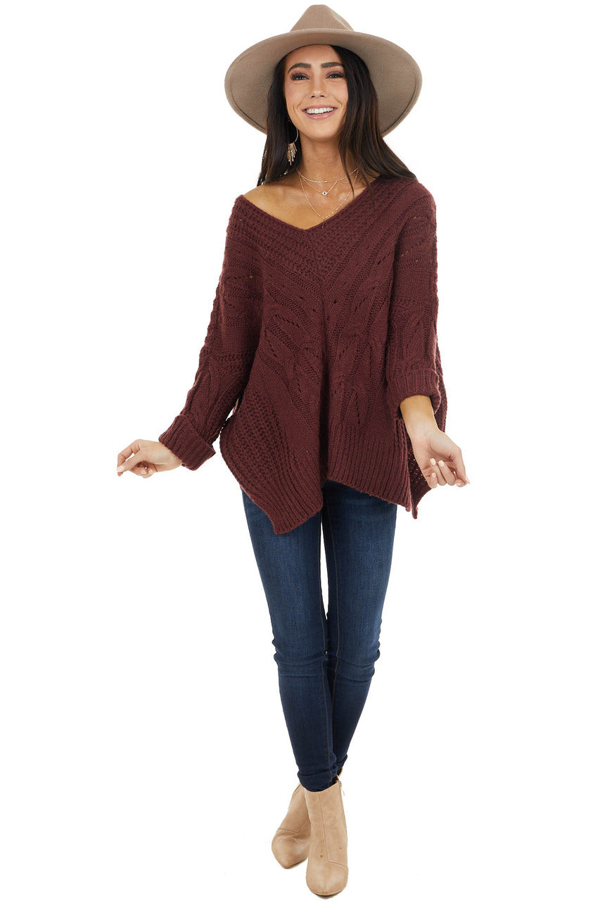 Mahogany Oversized Cable Knit Sweater with Side Slits