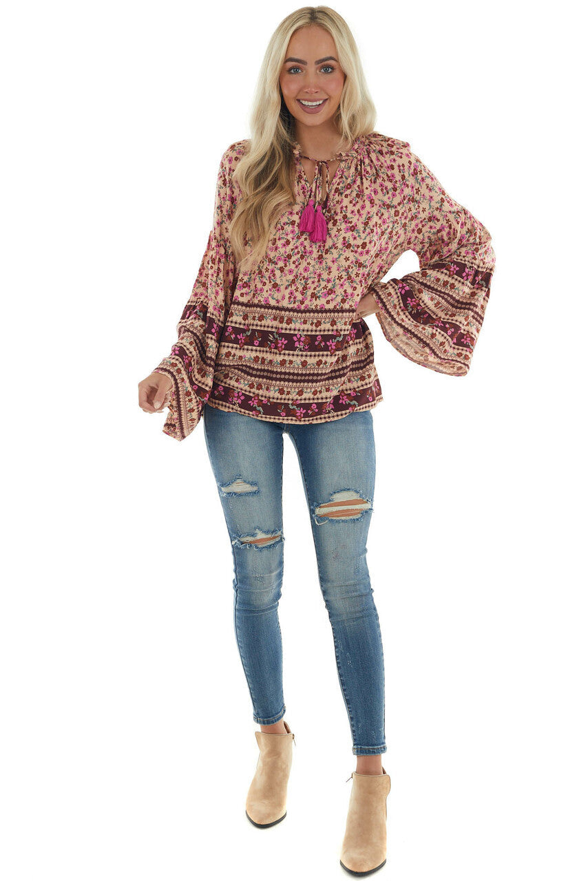 Beige Printed Bell Sleeve Top with Tassel Tie