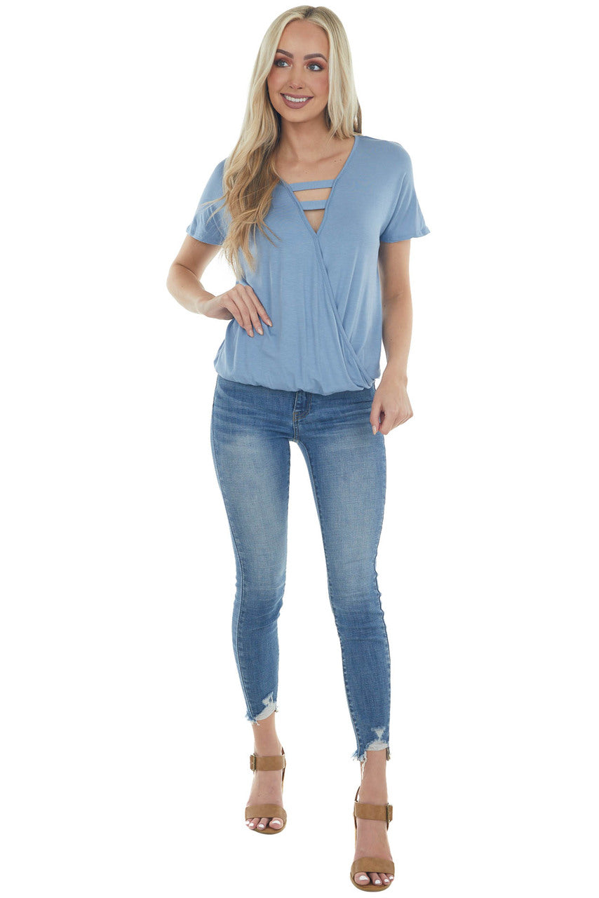 Dusty Blue Surplice Ladder Strap Neck Knit Top