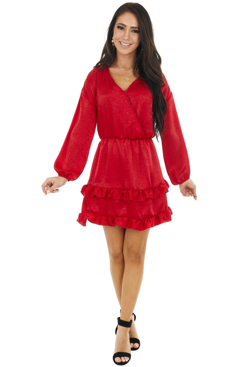 Cherry Surplice Ruffled Satin Mini Dress with Elastic Waist