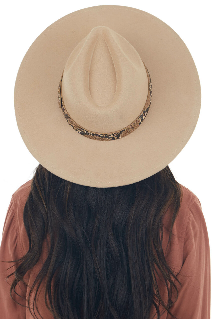 Latte Wide Brim Wool Hat with Faux Snakeskin Trim Detail