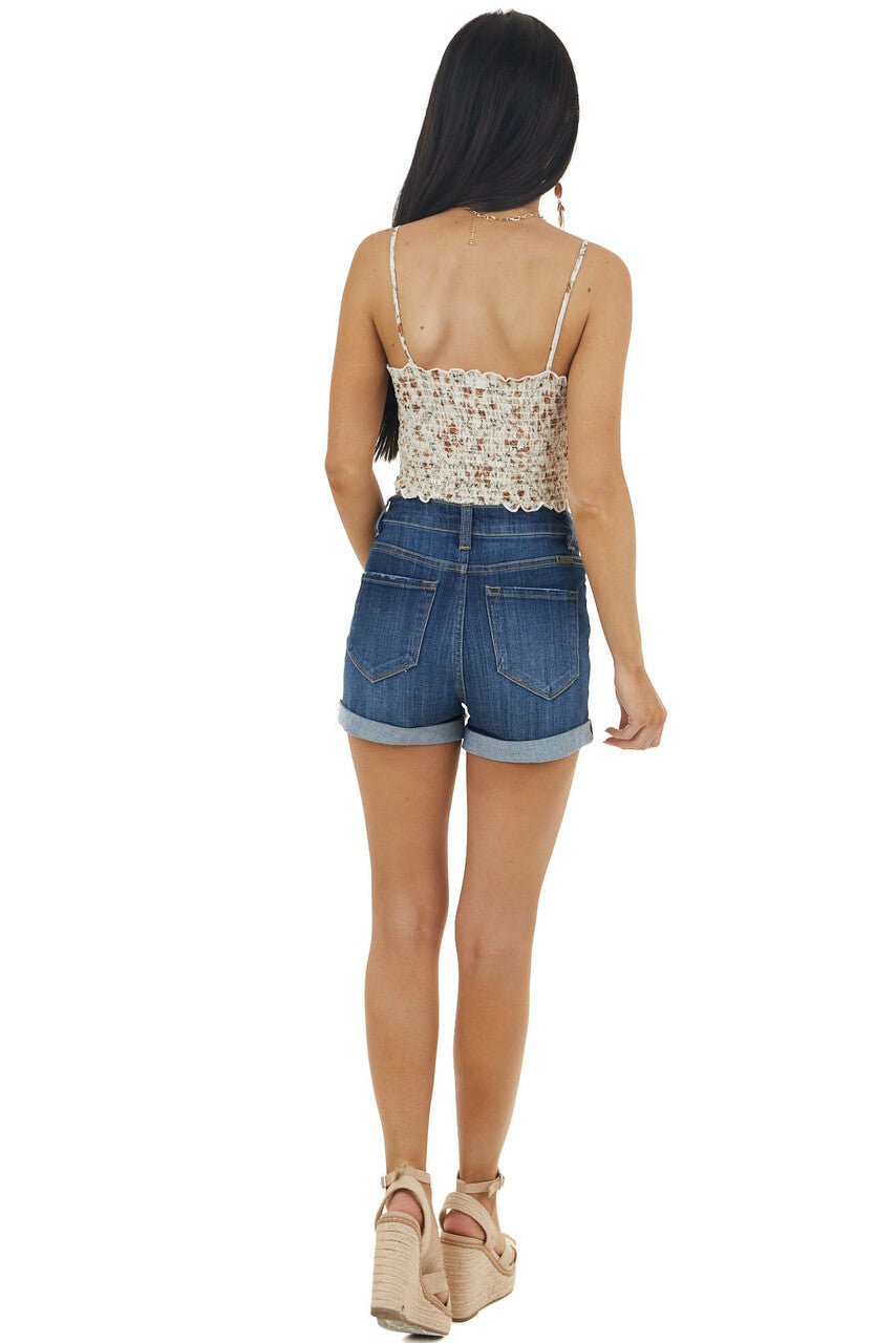 Cream Ditsy Floral Print Sleeveless Smocked Crop Top