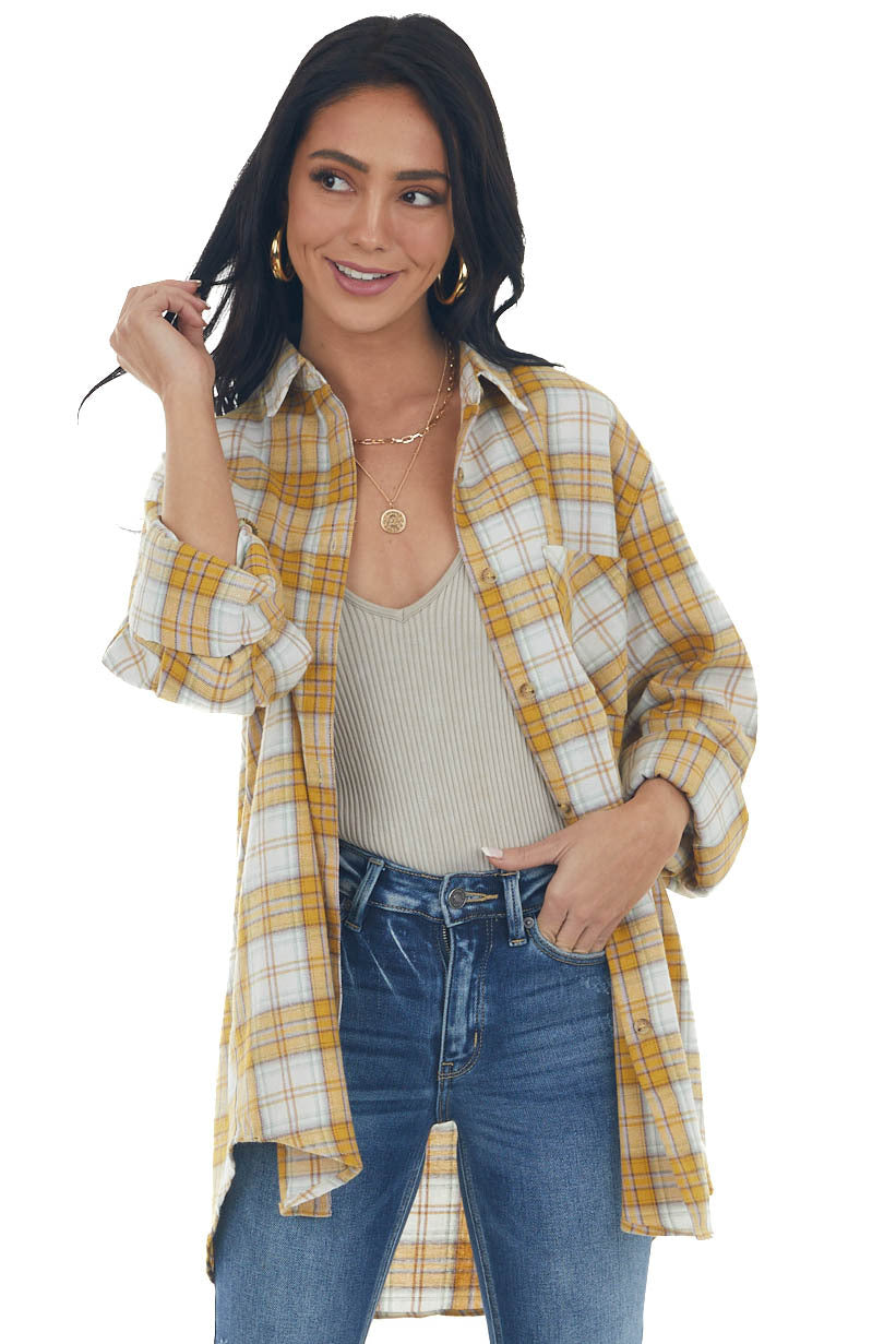 Mustard Plaid Single Chest Pocket Flannel