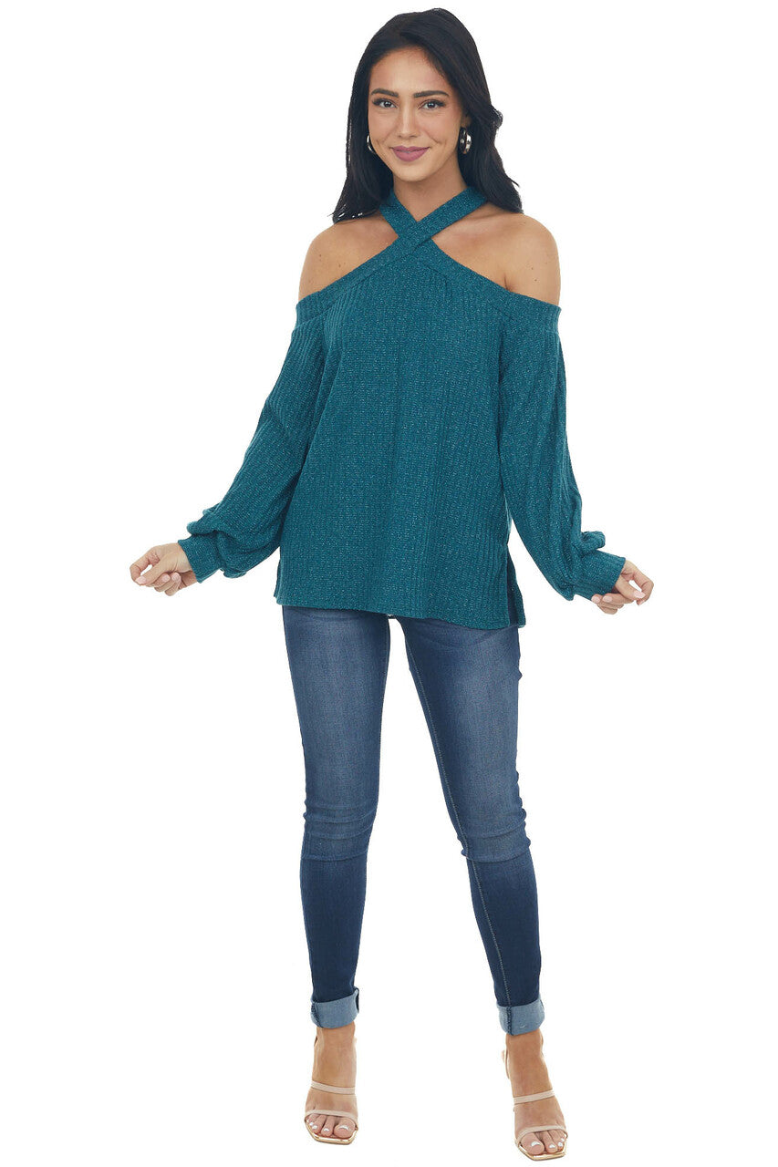 Forest Green Glittery Halter Cold Shoulder Top