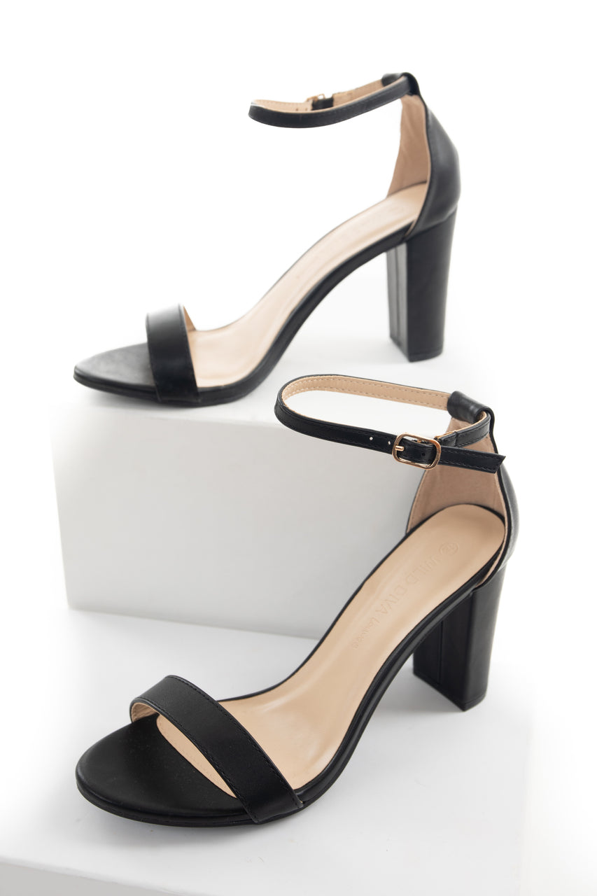 Black Faux Leather Ankle Strap Block Heels 