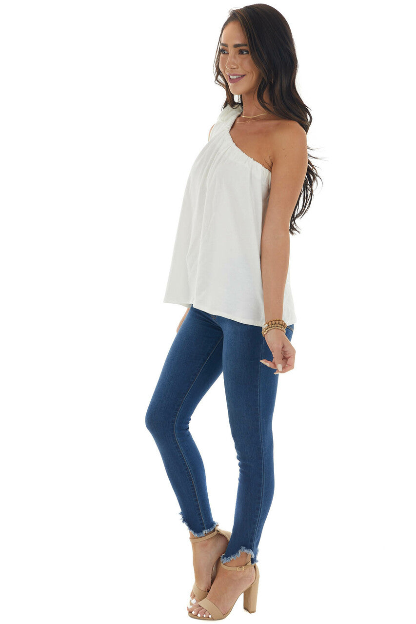 Ivory One Shoulder Top with Self Tie Strap