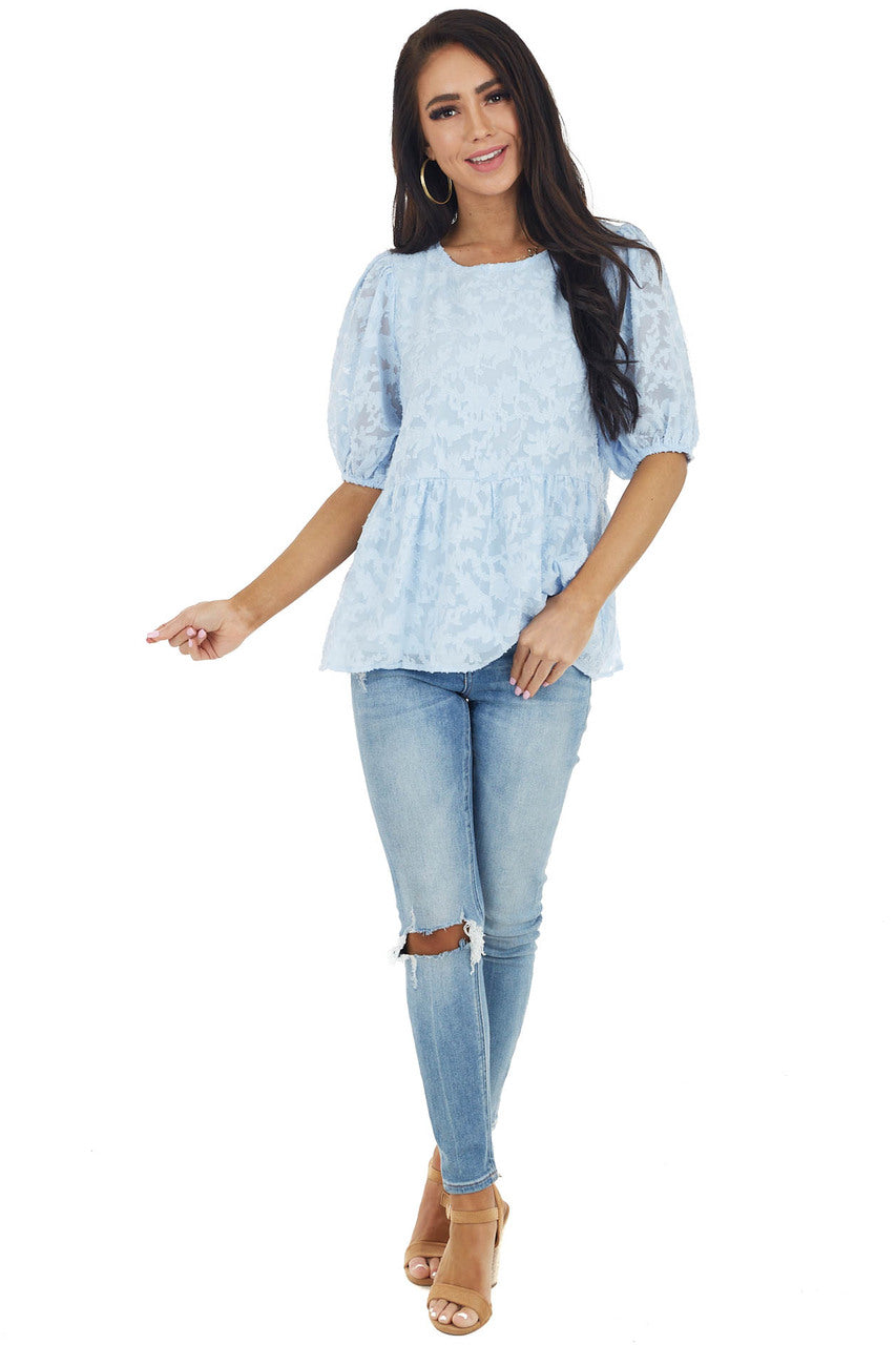 Powder Blue Floral Lace Peplum Top with Short Puff Sleeves