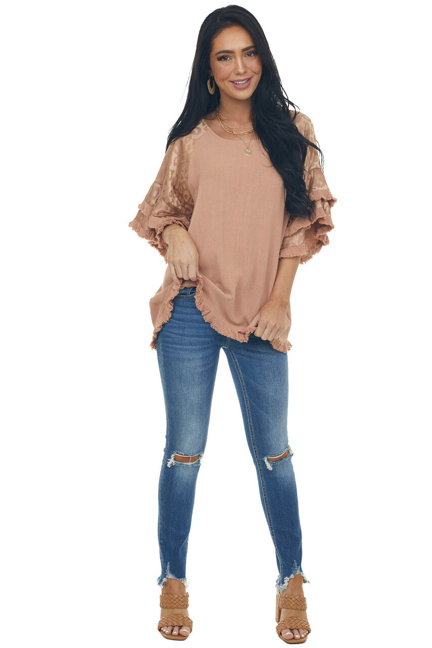 Apricot Leopard Tiered Sleeve Textured Blouse