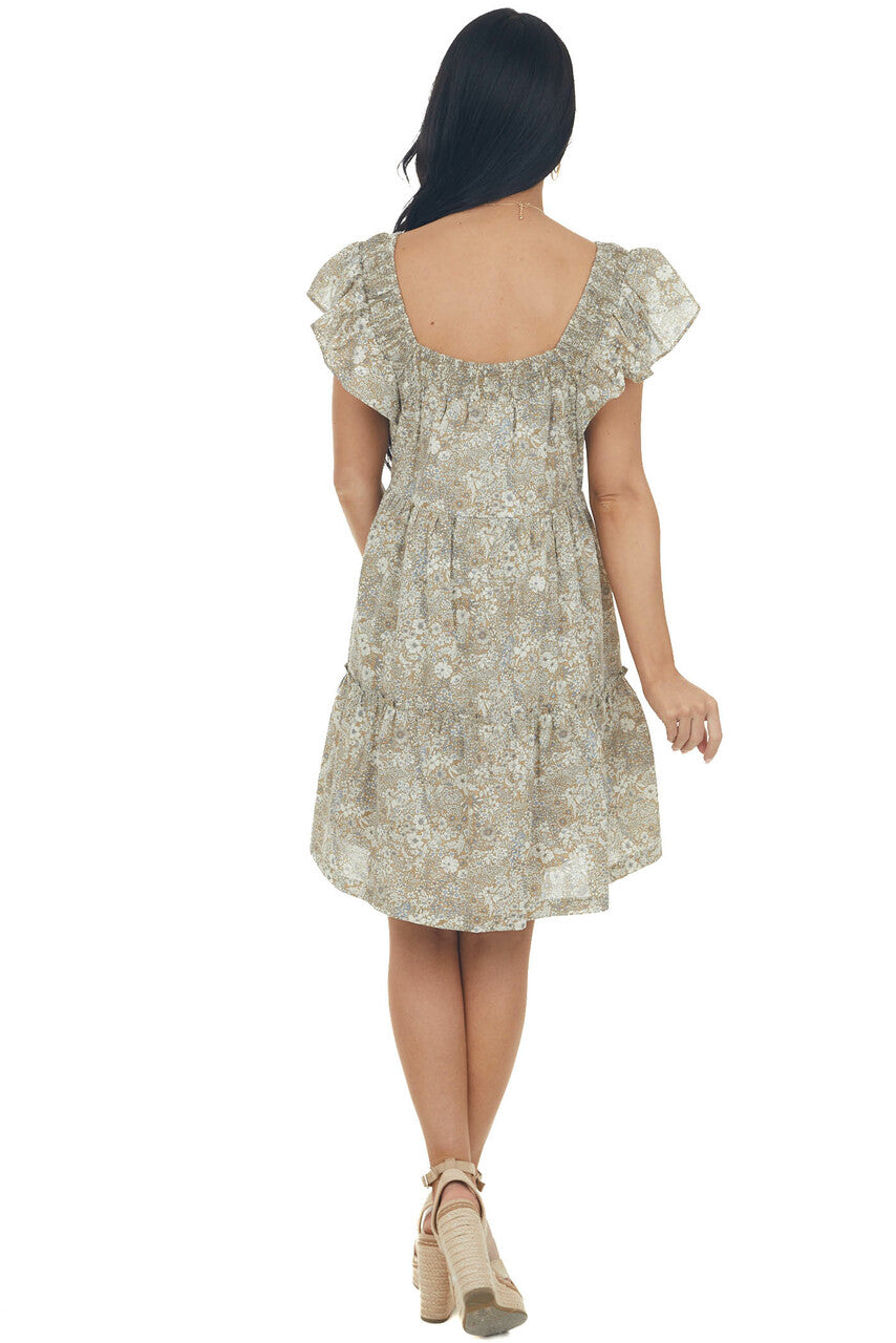 Peanut Floral Square Neck Tiered A Line Dress